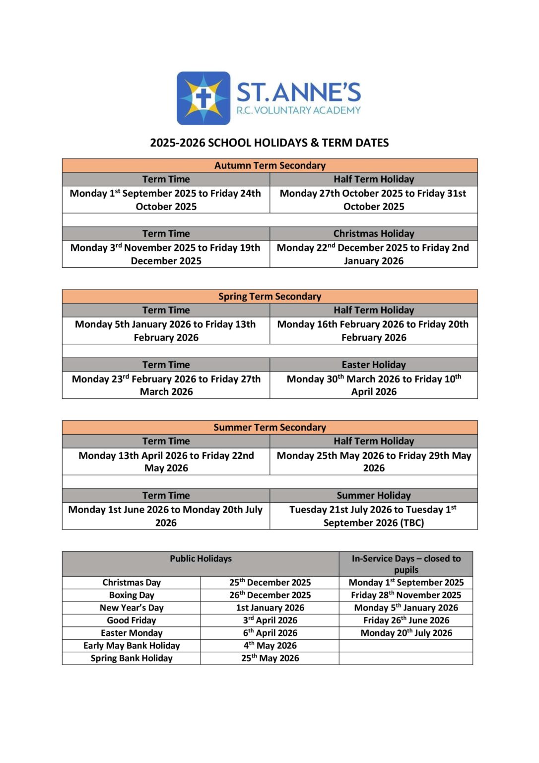 Term Dates | St Anne’s RC Voluntary Academy